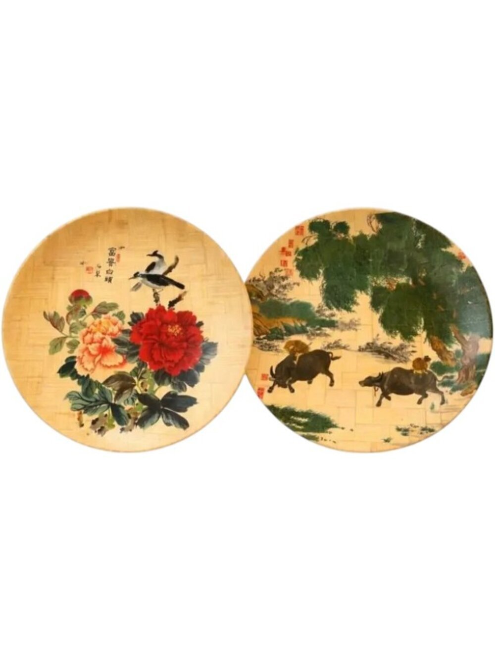 Set of 2 Hand Painted Bamboo Decorative Plates Asian Art 12”